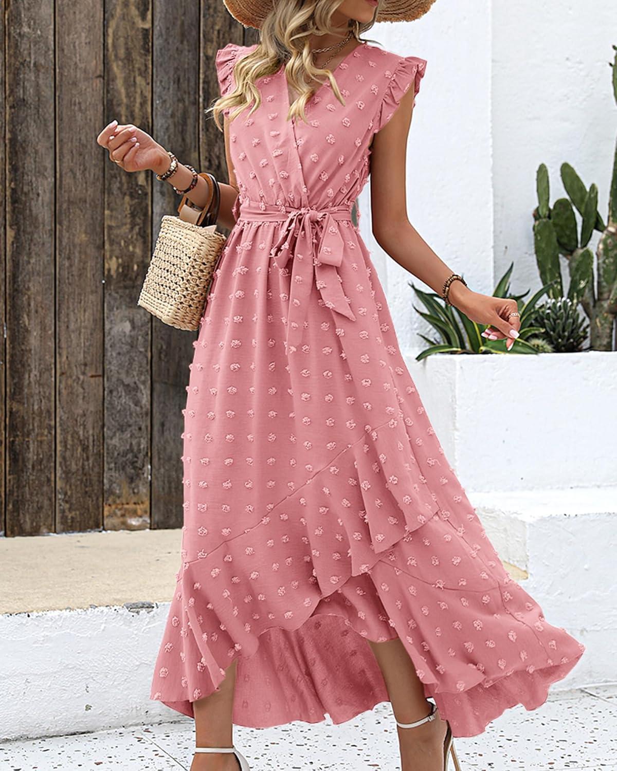 imageBTFBM Boho Dresses for Women 2026 Summer Fashion Cap Sleeve Swiss Dot Flowy Ruffle Beach Wedding Cocktail Maxi DressLight Pink