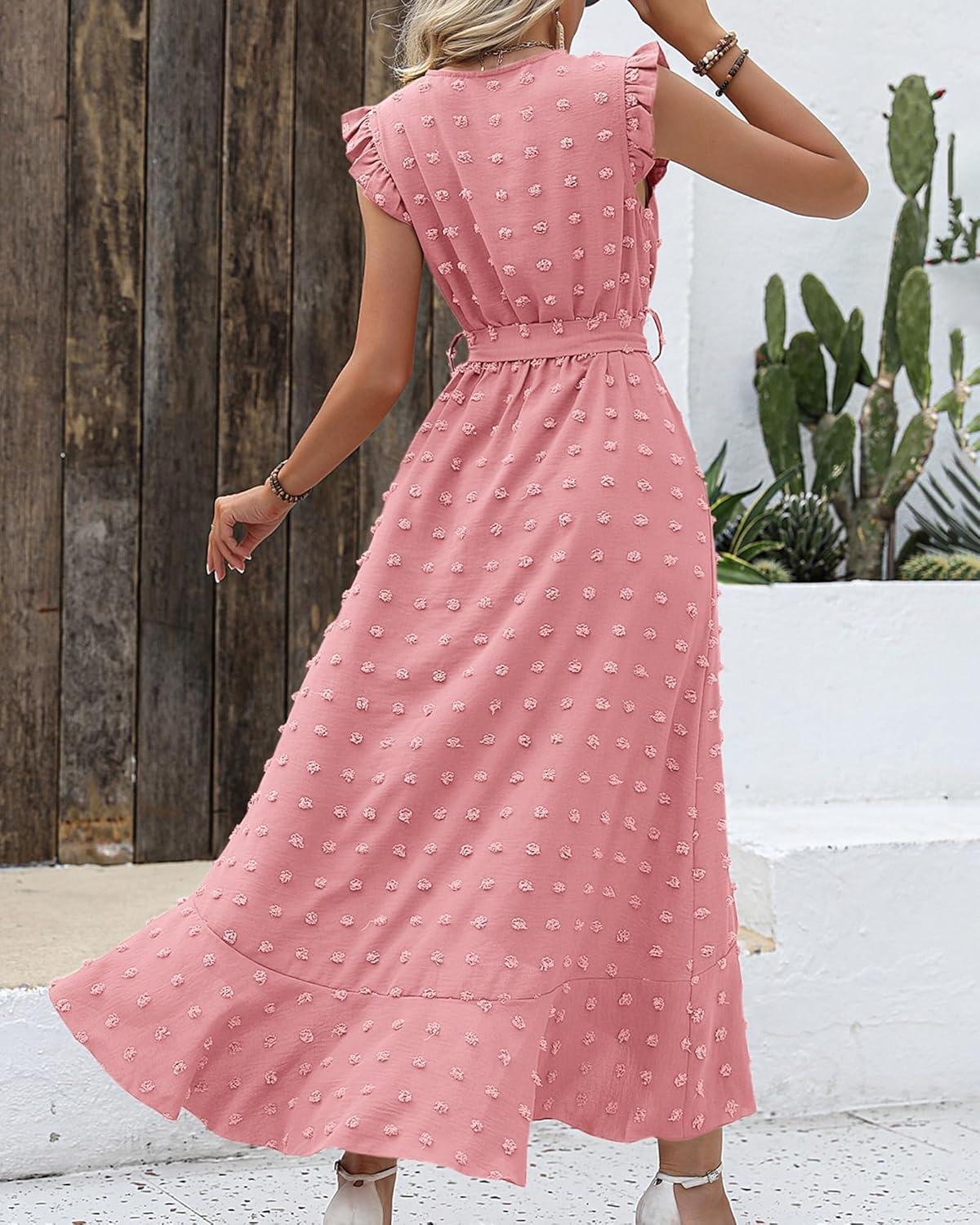imageBTFBM Boho Dresses for Women 2026 Summer Fashion Cap Sleeve Swiss Dot Flowy Ruffle Beach Wedding Cocktail Maxi DressLight Pink