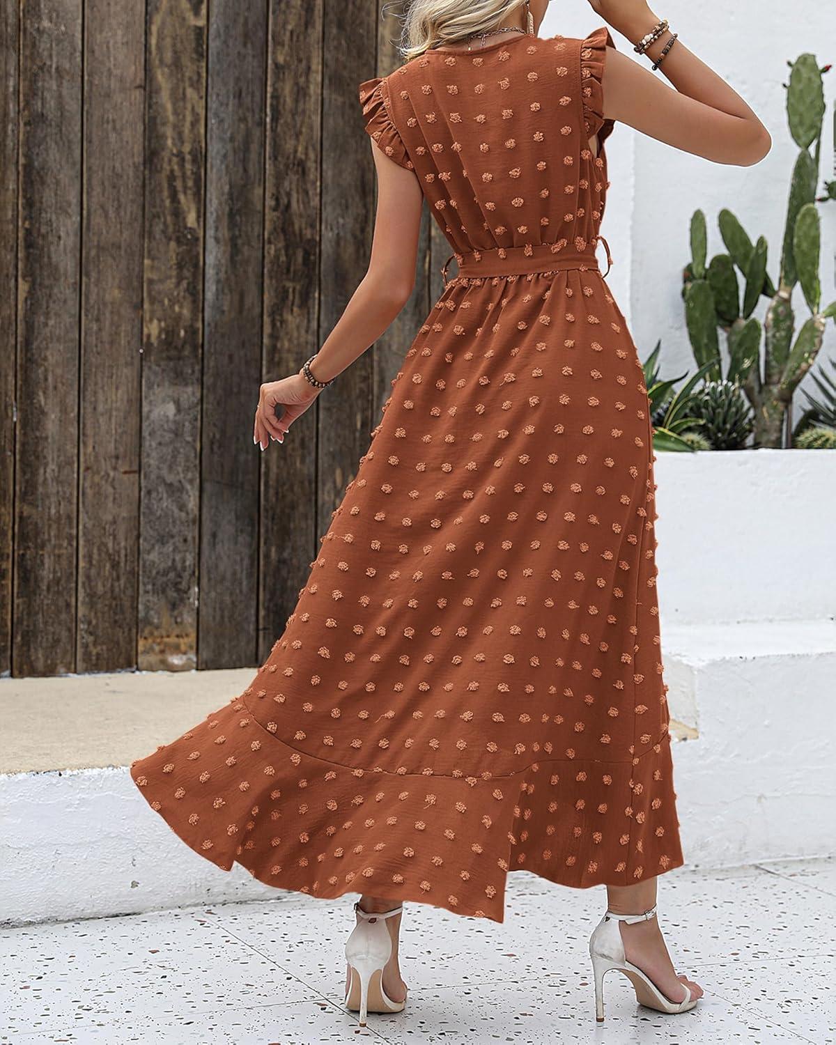 imageBTFBM Boho Dresses for Women 2026 Summer Fashion Cap Sleeve Swiss Dot Flowy Ruffle Beach Wedding Cocktail Maxi DressOrange Red