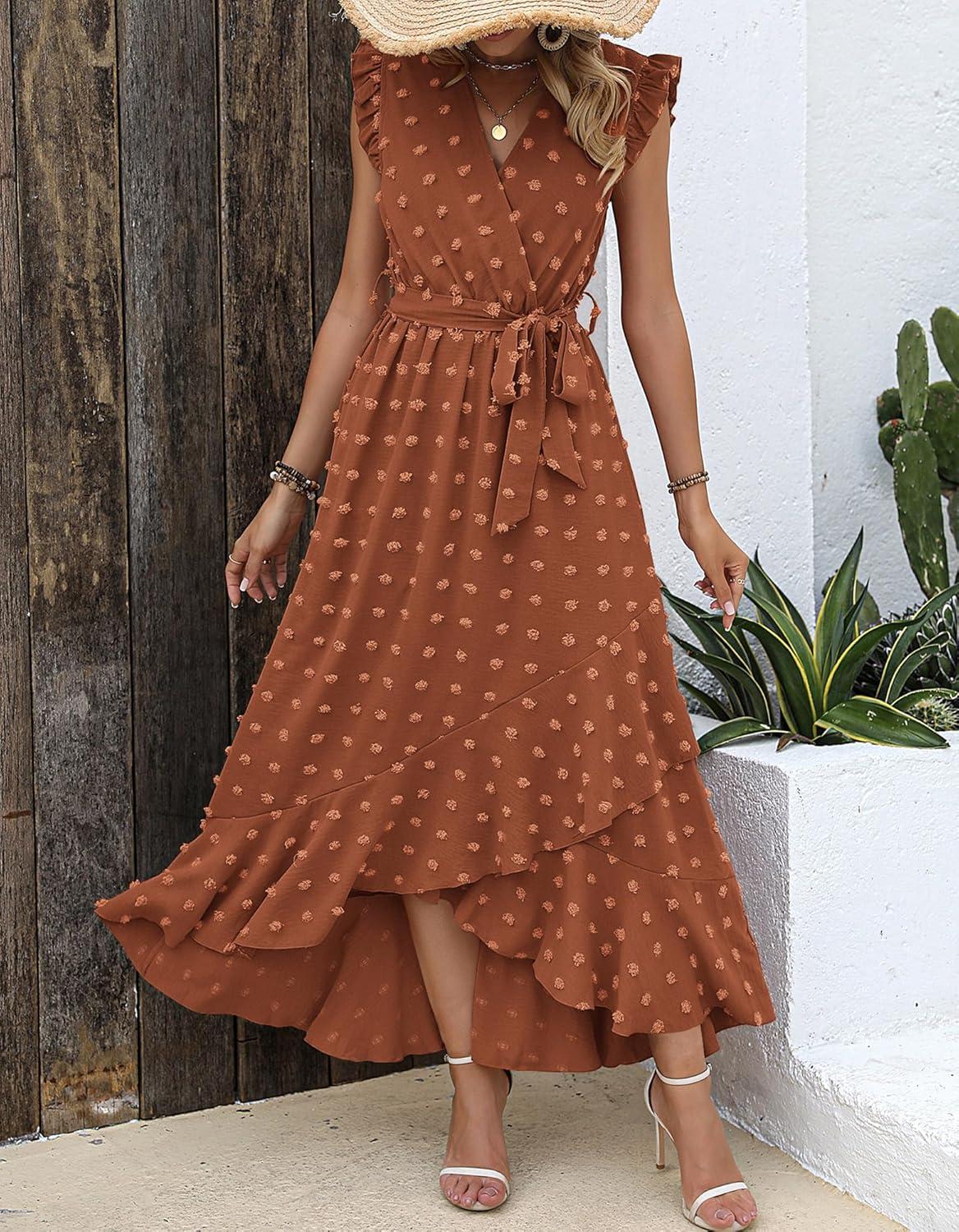 imageBTFBM Boho Dresses for Women 2026 Summer Fashion Cap Sleeve Swiss Dot Flowy Ruffle Beach Wedding Cocktail Maxi DressOrange Red