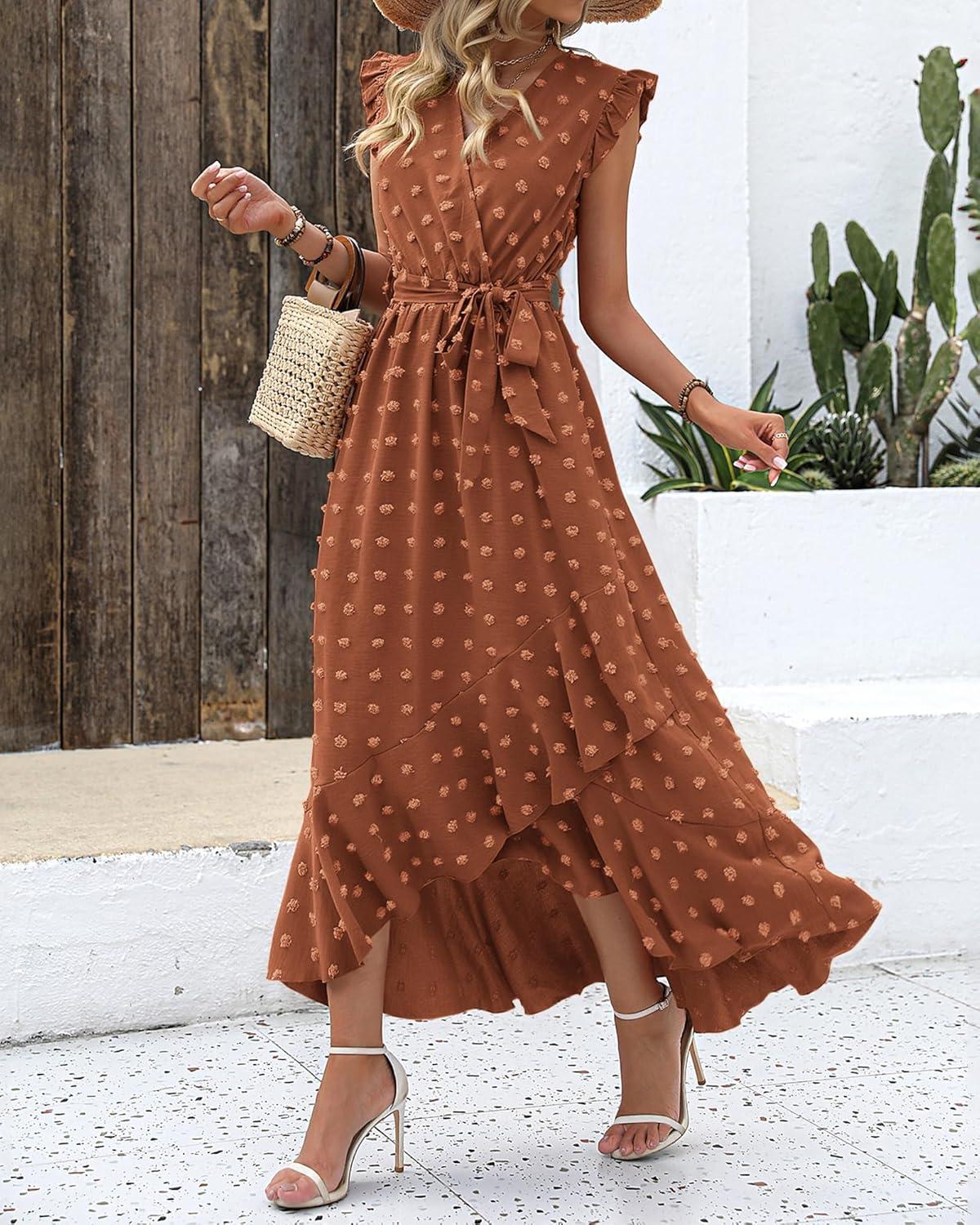 imageBTFBM Boho Dresses for Women 2026 Summer Fashion Cap Sleeve Swiss Dot Flowy Ruffle Beach Wedding Cocktail Maxi DressOrange Red