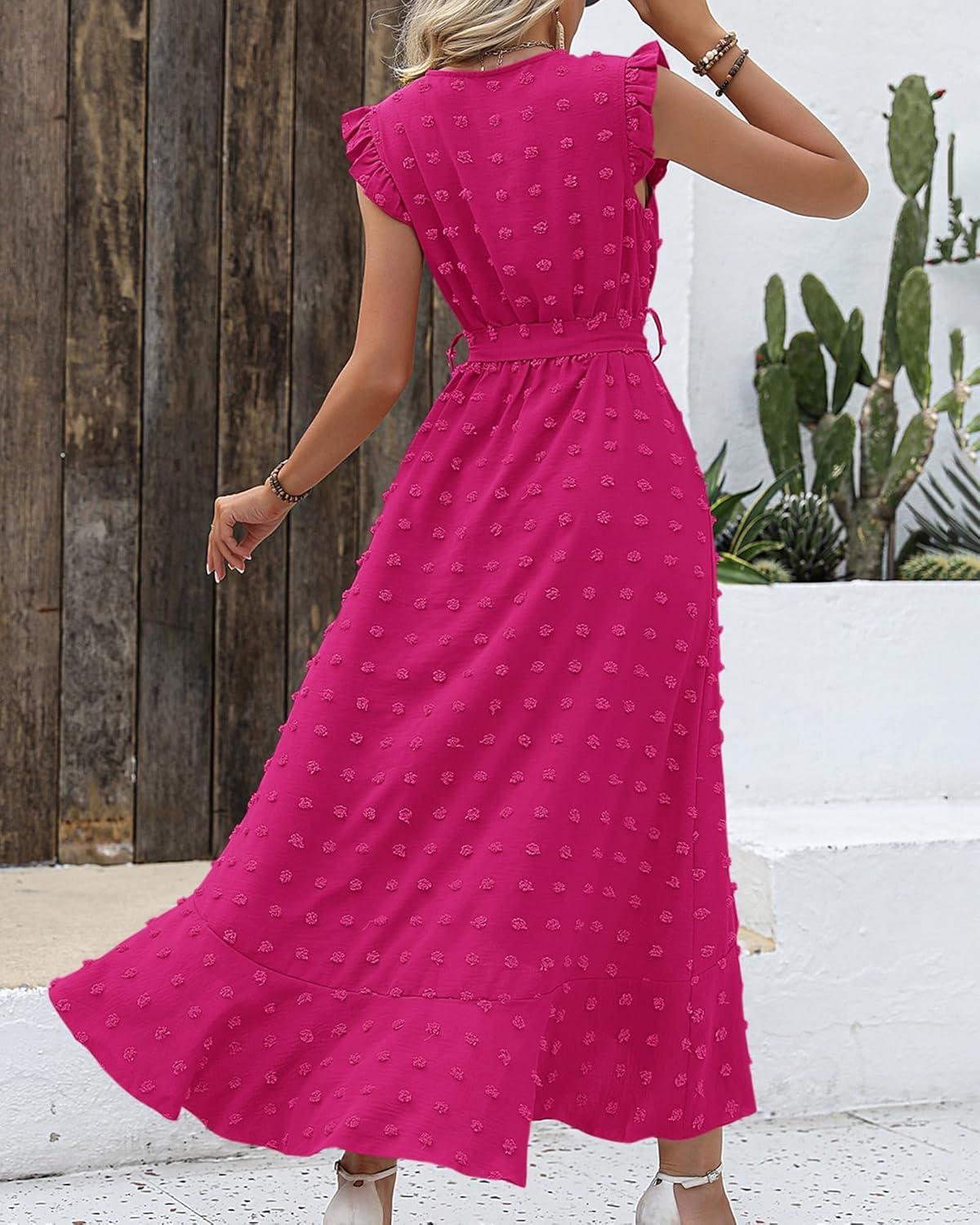 imageBTFBM Boho Dresses for Women 2026 Summer Fashion Cap Sleeve Swiss Dot Flowy Ruffle Beach Wedding Cocktail Maxi DressRose Red