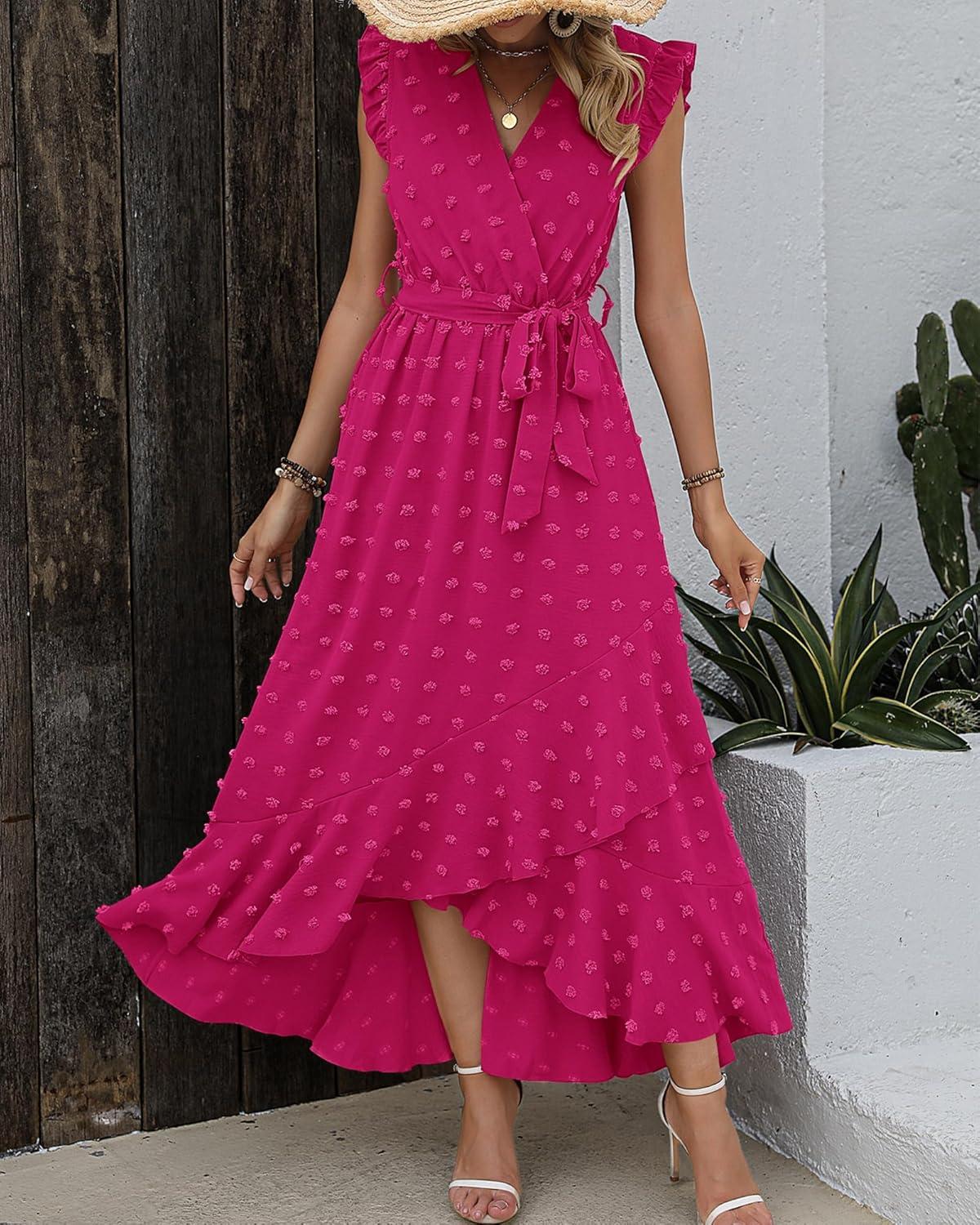 imageBTFBM Boho Dresses for Women 2026 Summer Fashion Cap Sleeve Swiss Dot Flowy Ruffle Beach Wedding Cocktail Maxi DressRose Red