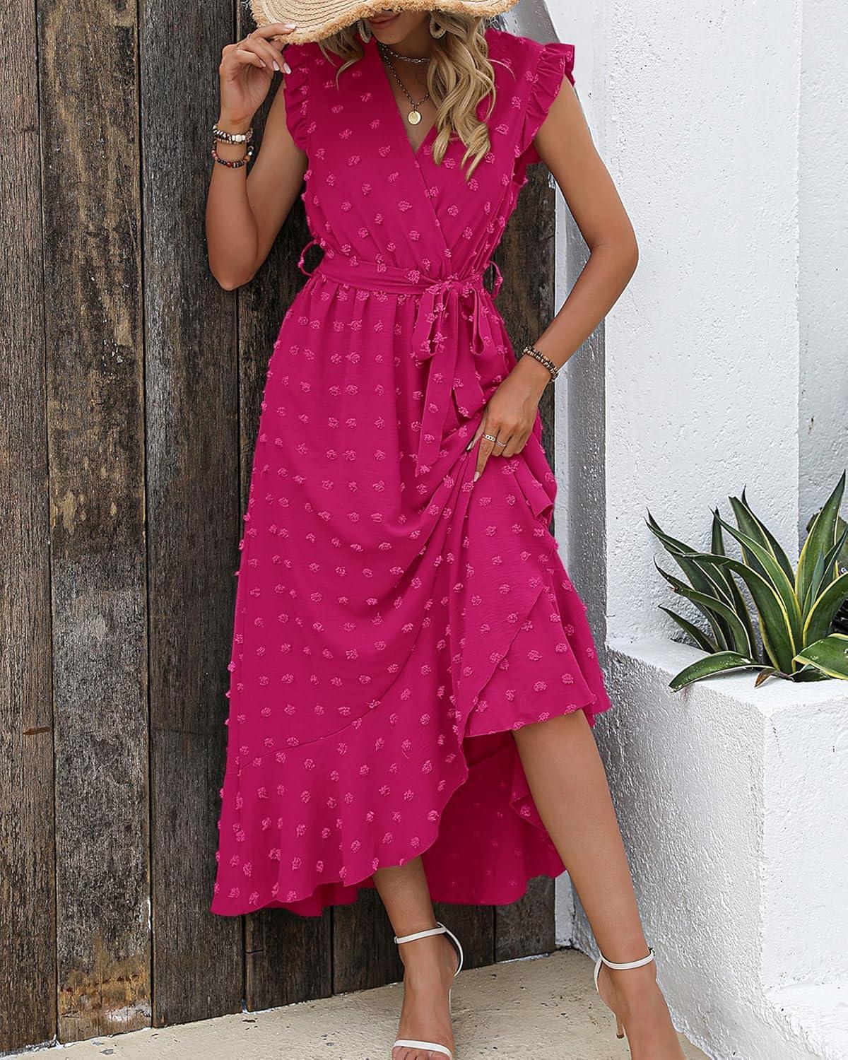 imageBTFBM Boho Dresses for Women 2026 Summer Fashion Cap Sleeve Swiss Dot Flowy Ruffle Beach Wedding Cocktail Maxi DressRose Red