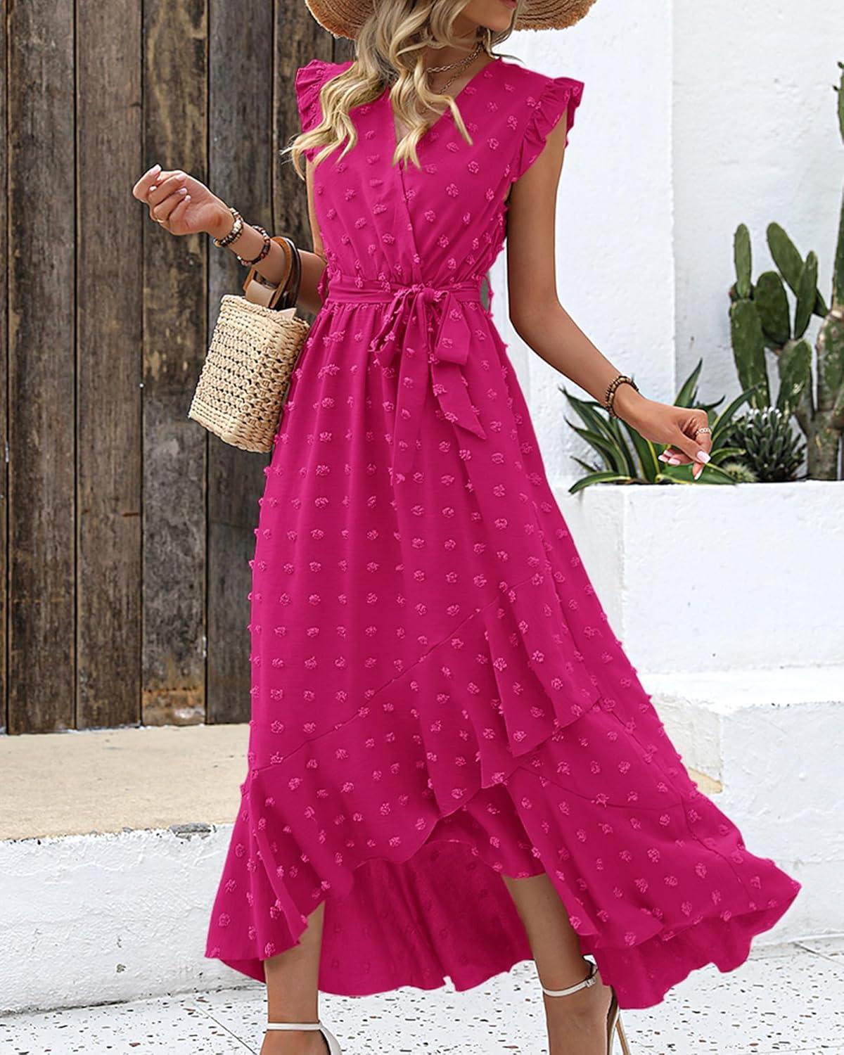 imageBTFBM Boho Dresses for Women 2026 Summer Fashion Cap Sleeve Swiss Dot Flowy Ruffle Beach Wedding Cocktail Maxi DressRose Red