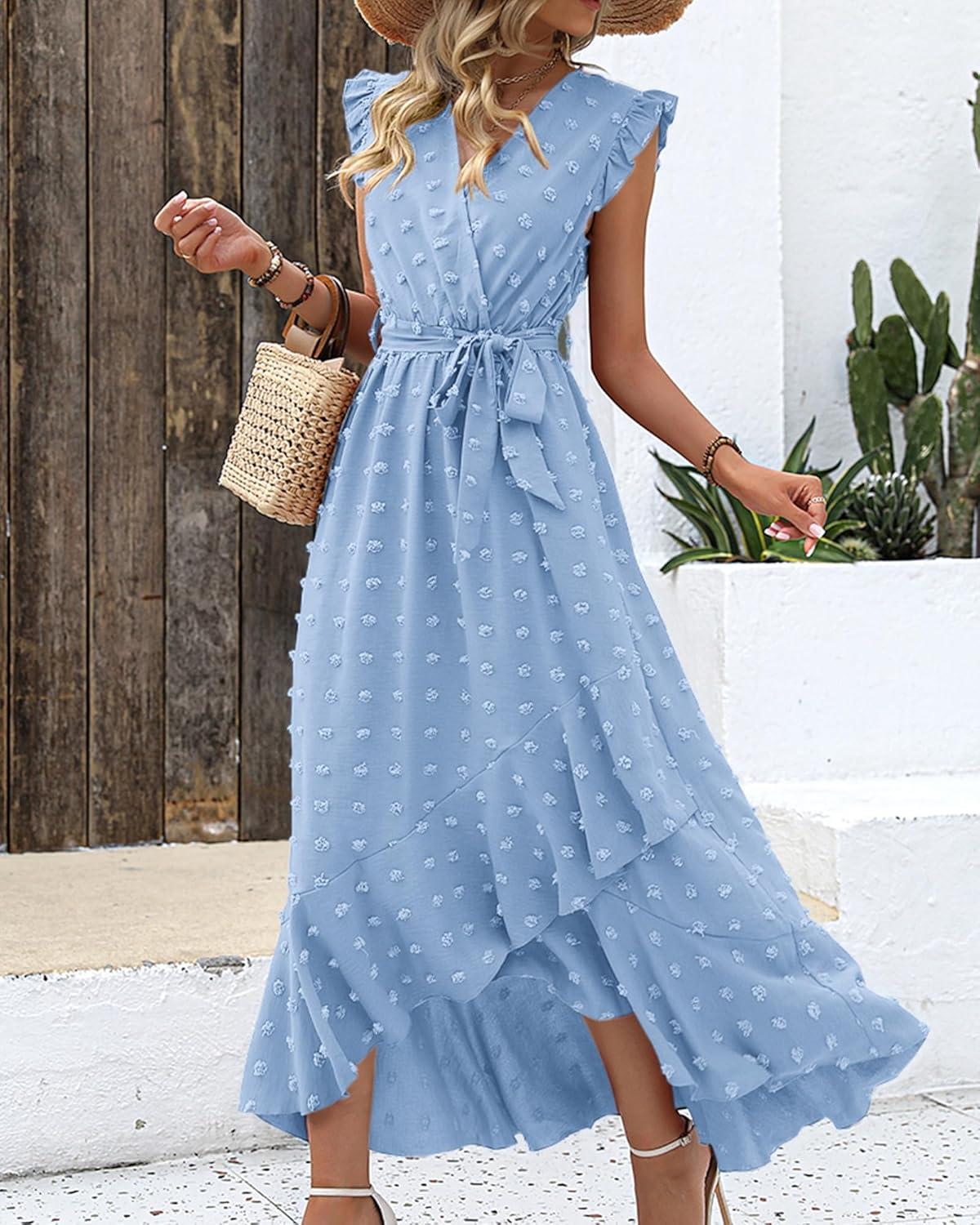 imageBTFBM Boho Dresses for Women 2026 Summer Fashion Cap Sleeve Swiss Dot Flowy Ruffle Beach Wedding Cocktail Maxi DressSky Blue