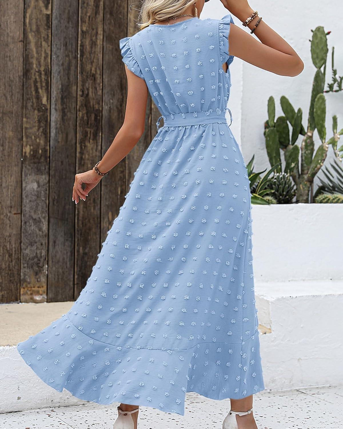 imageBTFBM Boho Dresses for Women 2026 Summer Fashion Cap Sleeve Swiss Dot Flowy Ruffle Beach Wedding Cocktail Maxi DressSky Blue