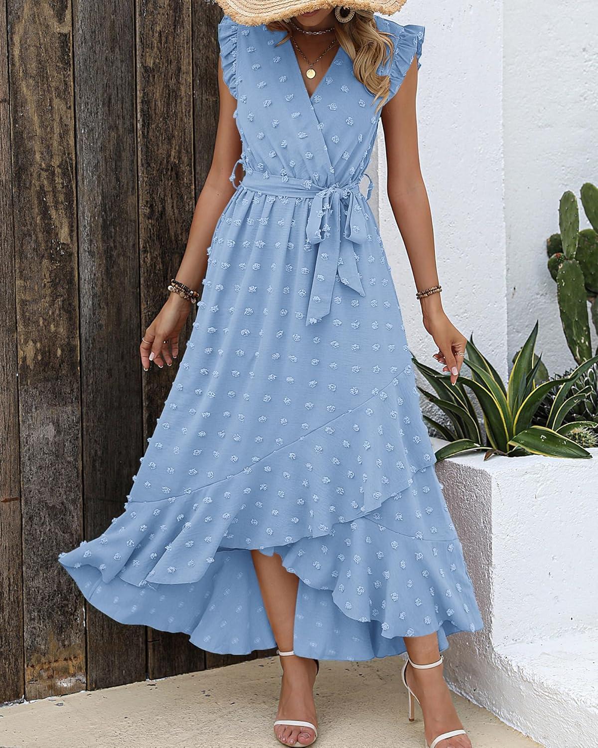 imageBTFBM Boho Dresses for Women 2026 Summer Fashion Cap Sleeve Swiss Dot Flowy Ruffle Beach Wedding Cocktail Maxi DressSky Blue