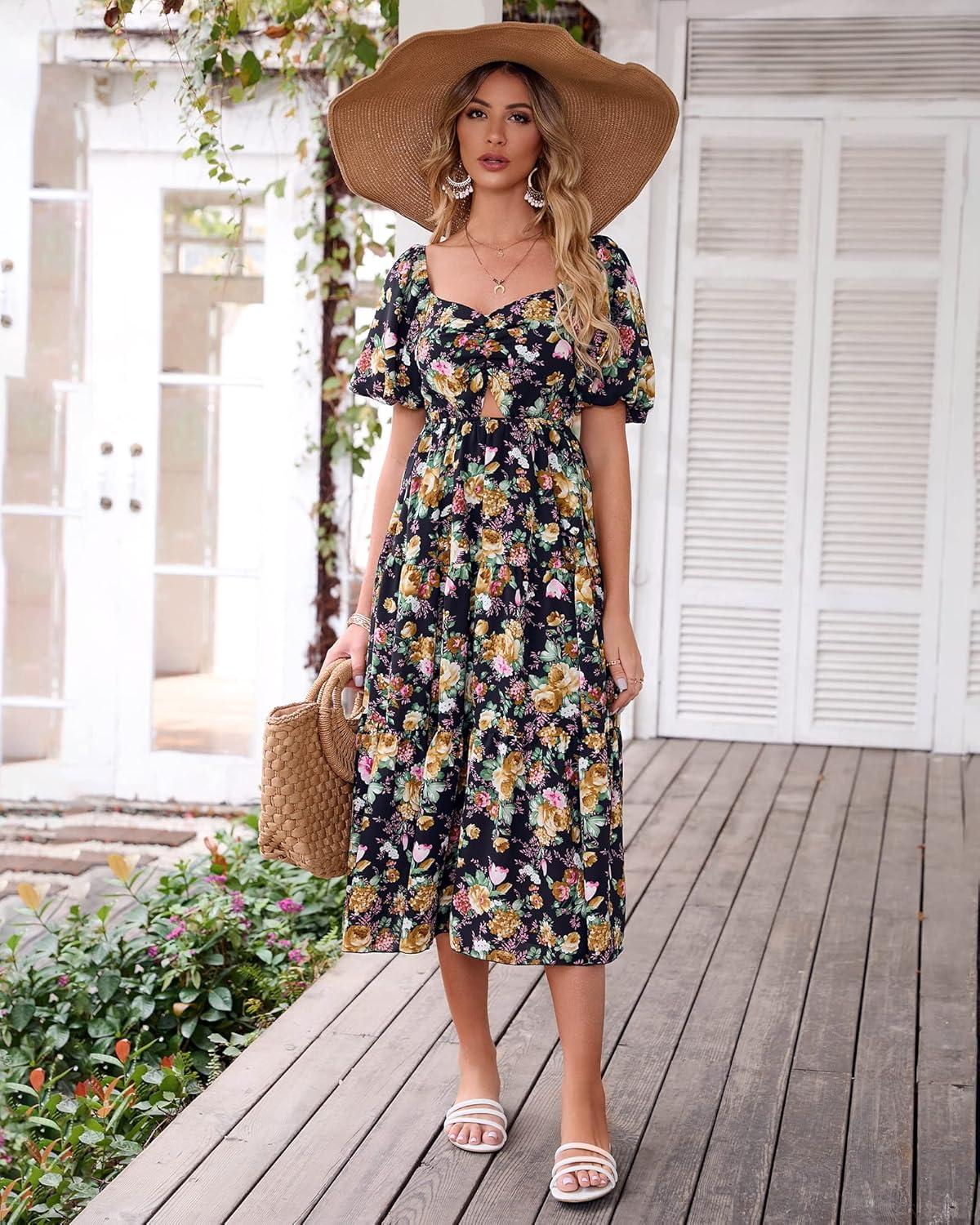imageBTFBM Summer Dresses for Women 2026 Spring Outfits Beach Vacation Short Sleeve Smocked Boho Casual Floral Maxi DressFloral Black Yellow