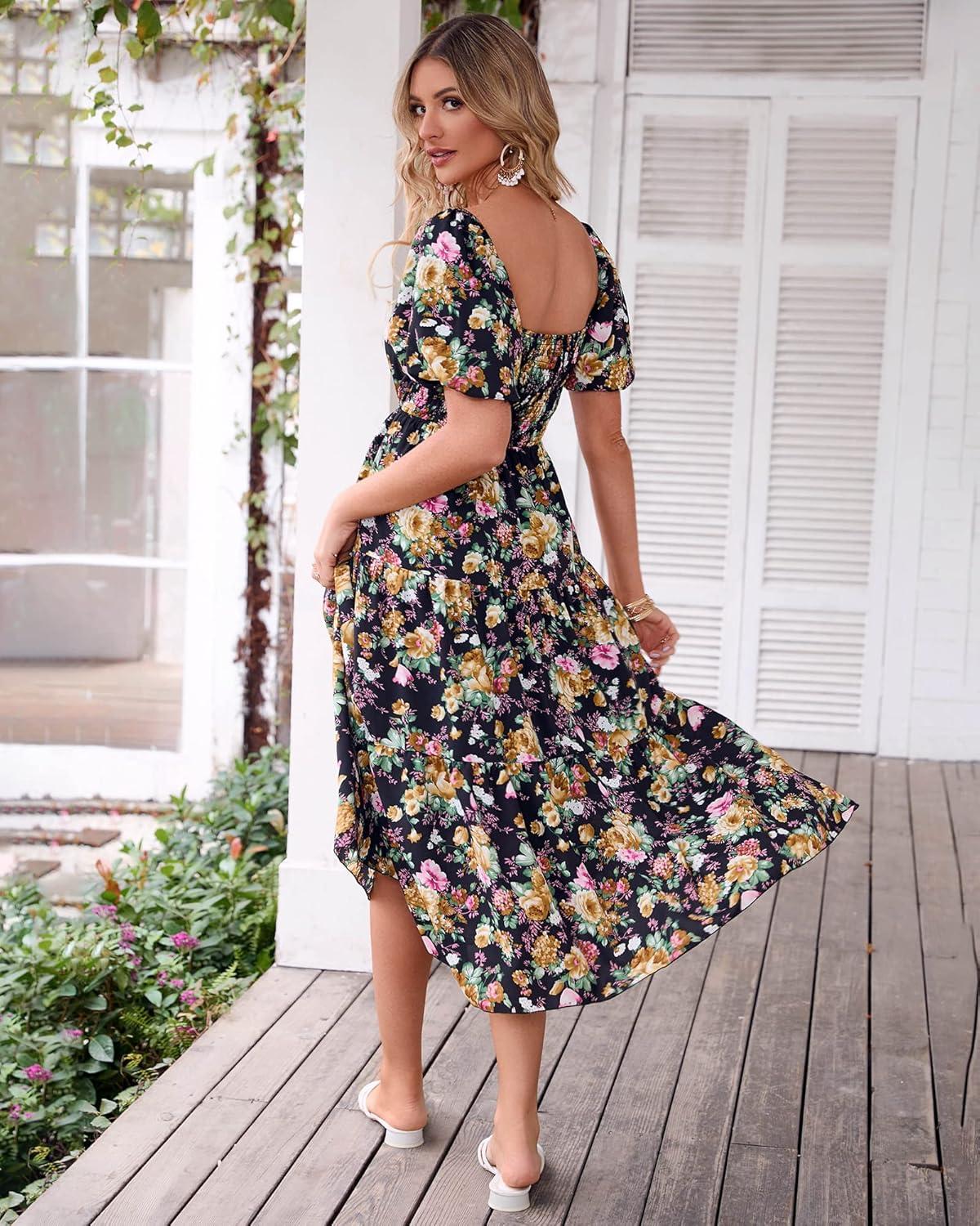 imageBTFBM Summer Dresses for Women 2026 Spring Outfits Beach Vacation Short Sleeve Smocked Boho Casual Floral Maxi DressFloral Black Yellow