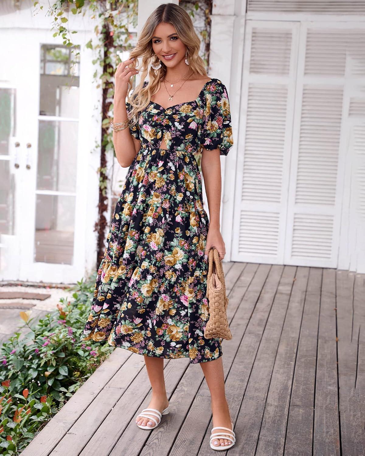 imageBTFBM Summer Dresses for Women 2026 Spring Outfits Beach Vacation Short Sleeve Smocked Boho Casual Floral Maxi DressFloral Black Yellow