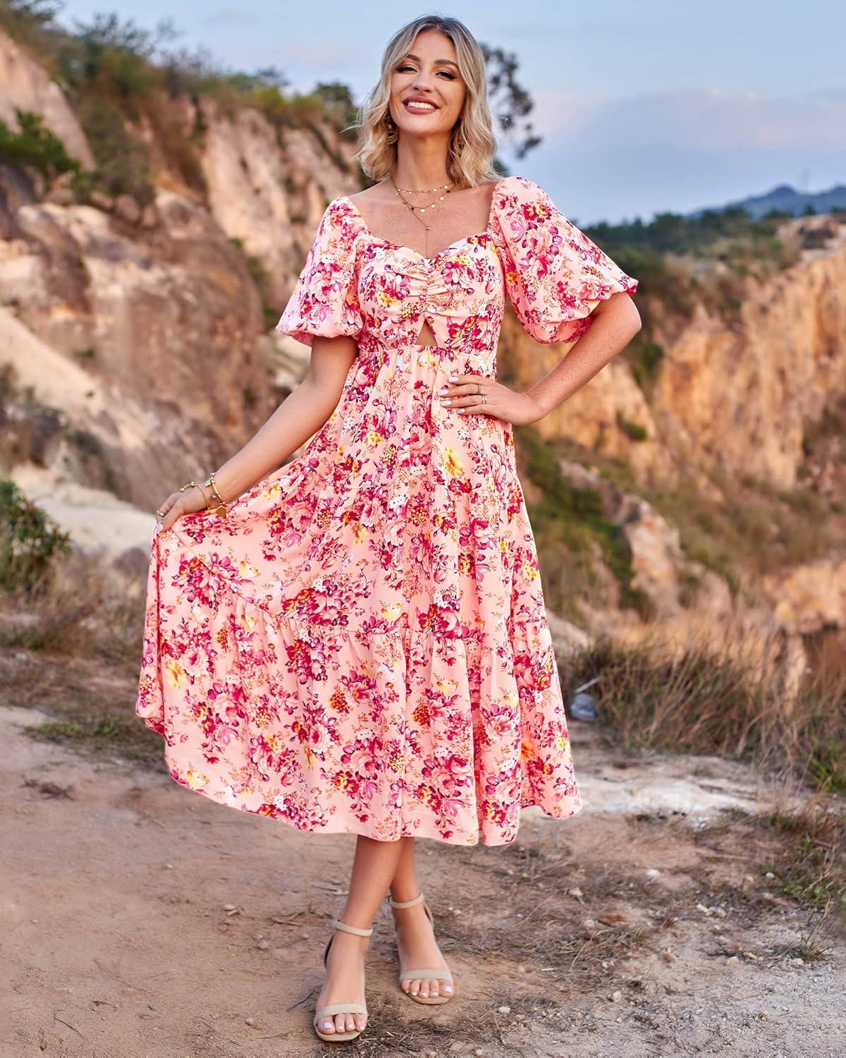 imageBTFBM Summer Dresses for Women 2026 Spring Outfits Beach Vacation Short Sleeve Smocked Boho Casual Floral Maxi DressFloral Pink Red