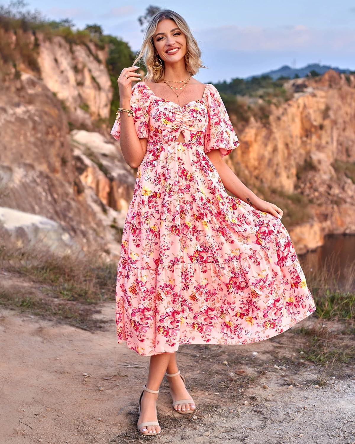 imageBTFBM Summer Dresses for Women 2026 Spring Outfits Beach Vacation Short Sleeve Smocked Boho Casual Floral Maxi DressFloral Pink Red