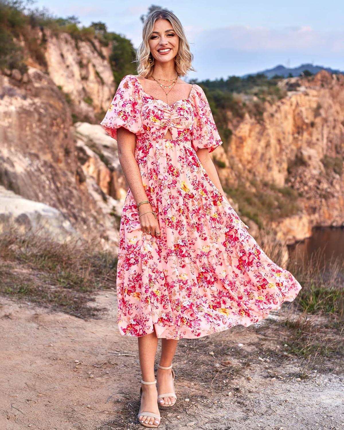 imageBTFBM Summer Dresses for Women 2026 Spring Outfits Beach Vacation Short Sleeve Smocked Boho Casual Floral Maxi DressFloral Pink Red