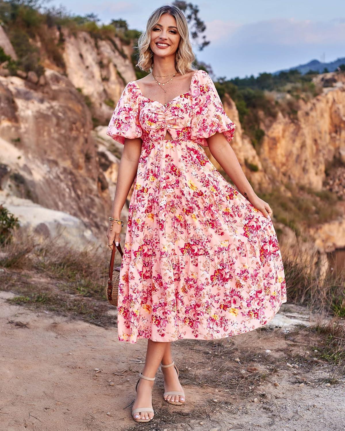 imageBTFBM Summer Dresses for Women 2026 Spring Outfits Beach Vacation Short Sleeve Smocked Boho Casual Floral Maxi DressFloral Pink Red