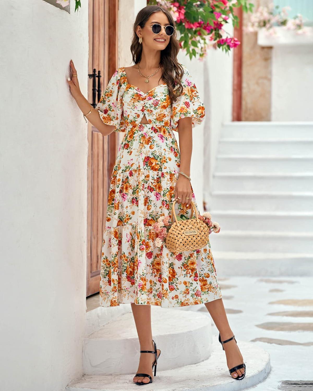 imageBTFBM Summer Dresses for Women 2026 Spring Outfits Beach Vacation Short Sleeve Smocked Boho Casual Floral Maxi DressFloral White Orange