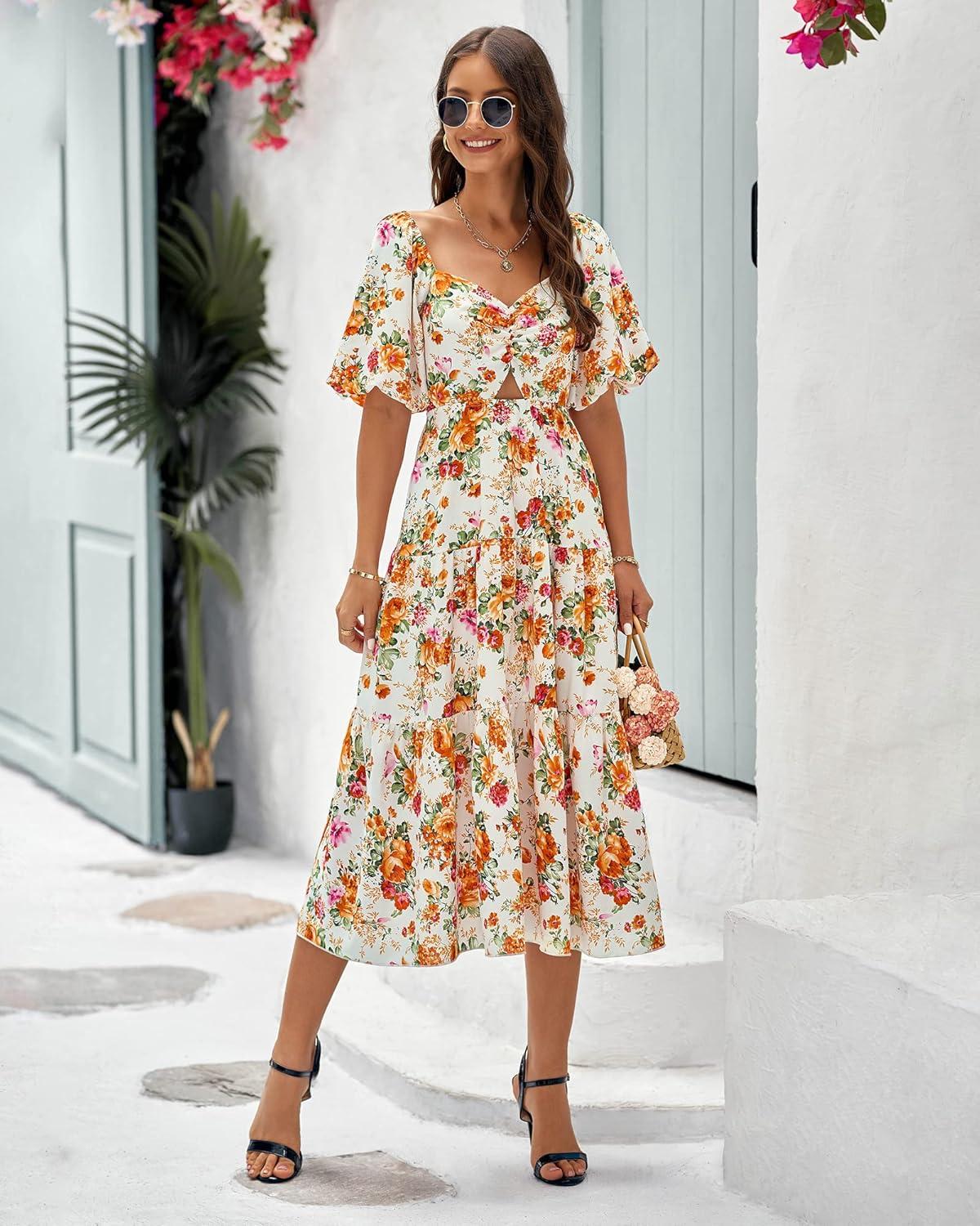 imageBTFBM Summer Dresses for Women 2026 Spring Outfits Beach Vacation Short Sleeve Smocked Boho Casual Floral Maxi DressFloral White Orange