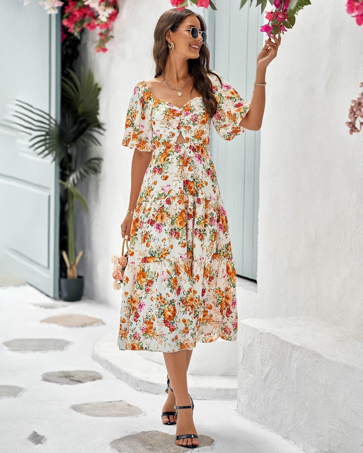 imageBTFBM Summer Dresses for Women 2026 Spring Outfits Beach Vacation Short Sleeve Smocked Boho Casual Floral Maxi DressFloral White Orange