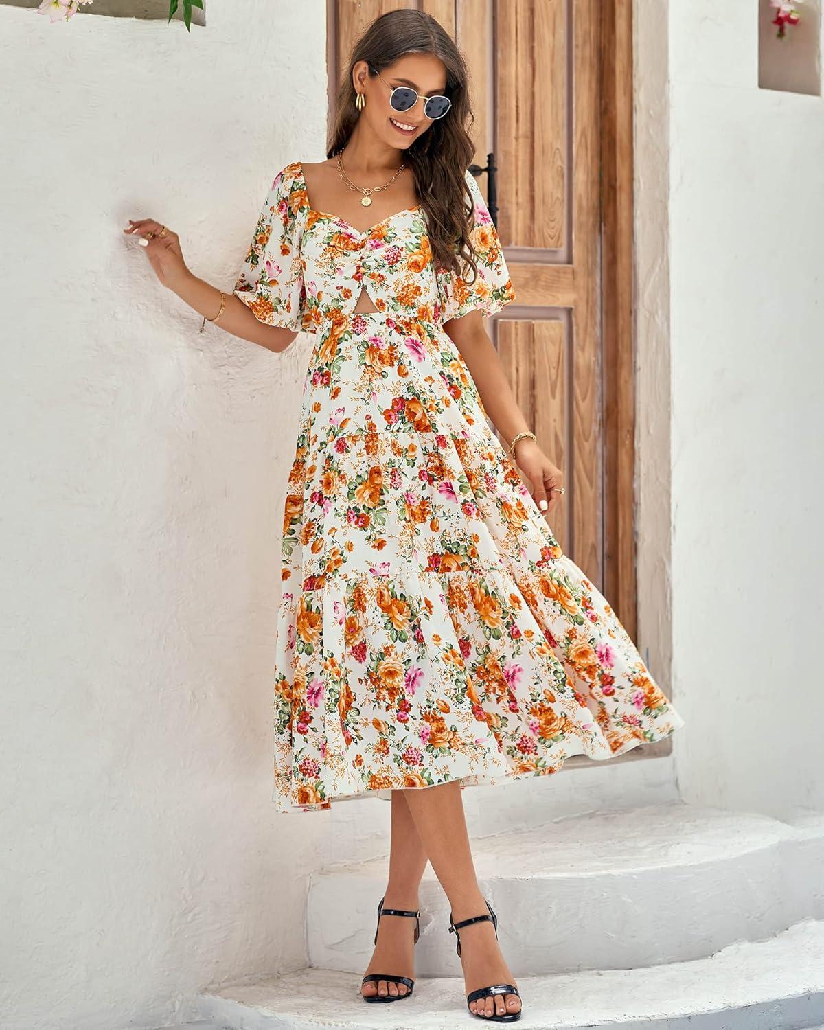 imageBTFBM Summer Dresses for Women 2026 Spring Outfits Beach Vacation Short Sleeve Smocked Boho Casual Floral Maxi DressFloral White Orange