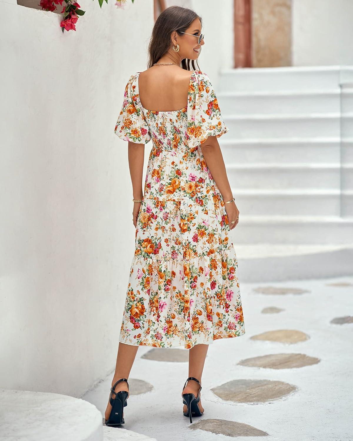 imageBTFBM Summer Dresses for Women 2026 Spring Outfits Beach Vacation Short Sleeve Smocked Boho Casual Floral Maxi DressFloral White Orange