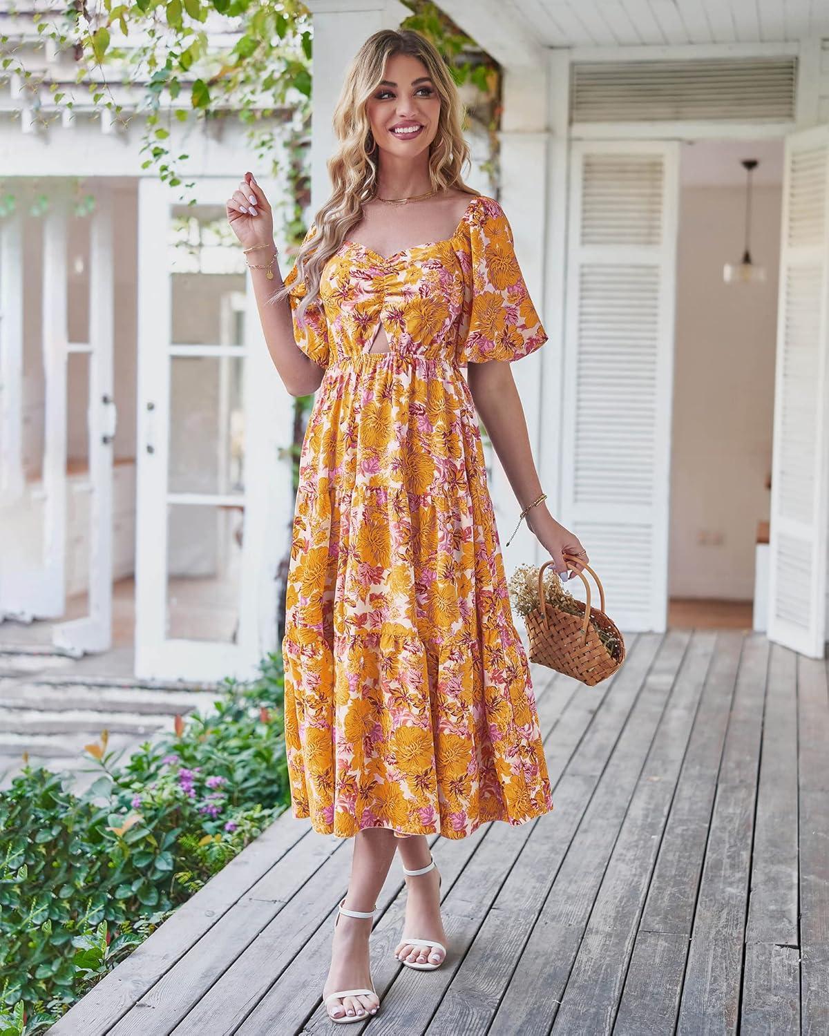 imageBTFBM Summer Dresses for Women 2026 Spring Outfits Beach Vacation Short Sleeve Smocked Boho Casual Floral Maxi DressFloral Yellow