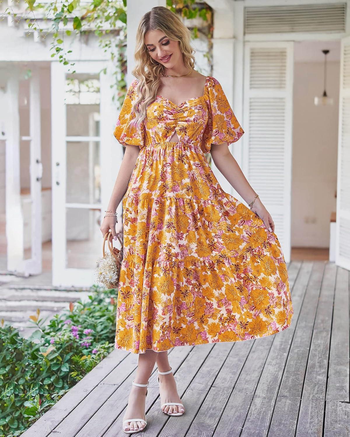 imageBTFBM Summer Dresses for Women 2026 Spring Outfits Beach Vacation Short Sleeve Smocked Boho Casual Floral Maxi DressFloral Yellow