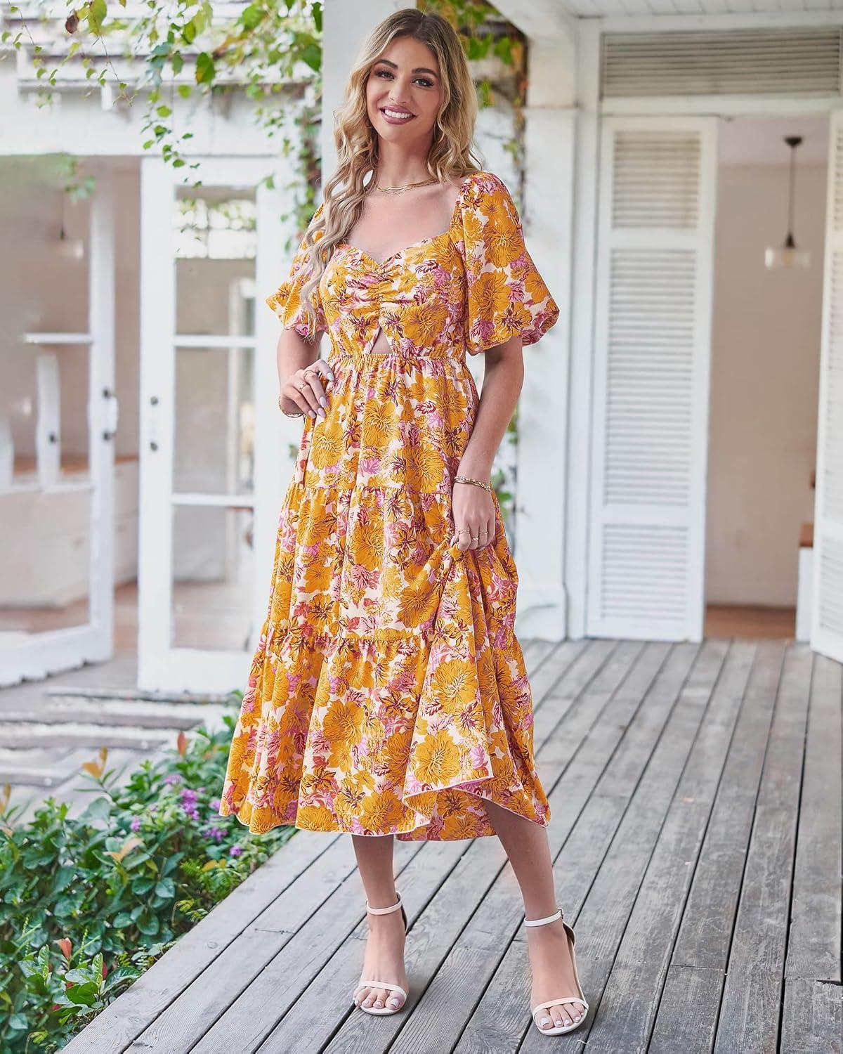 imageBTFBM Summer Dresses for Women 2026 Spring Outfits Beach Vacation Short Sleeve Smocked Boho Casual Floral Maxi DressFloral Yellow