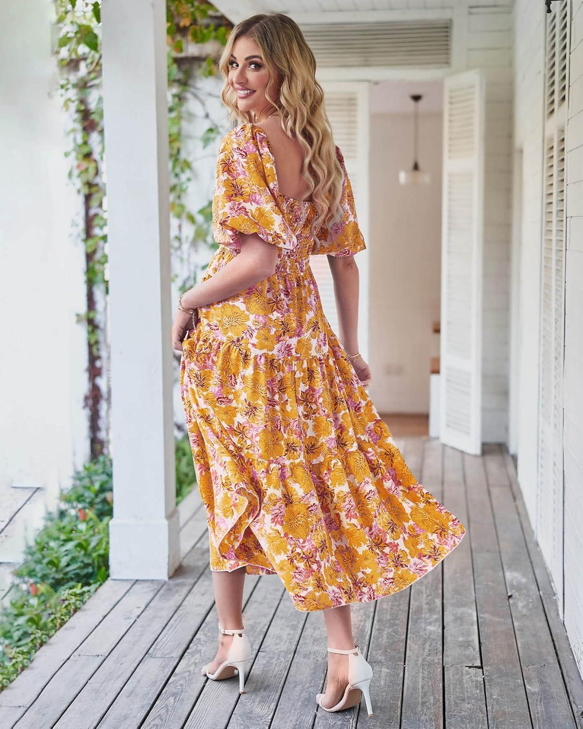 imageBTFBM Summer Dresses for Women 2026 Spring Outfits Beach Vacation Short Sleeve Smocked Boho Casual Floral Maxi DressFloral Yellow