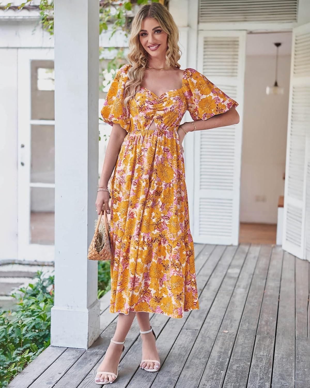 imageBTFBM Summer Dresses for Women 2026 Spring Outfits Beach Vacation Short Sleeve Smocked Boho Casual Floral Maxi DressFloral Yellow