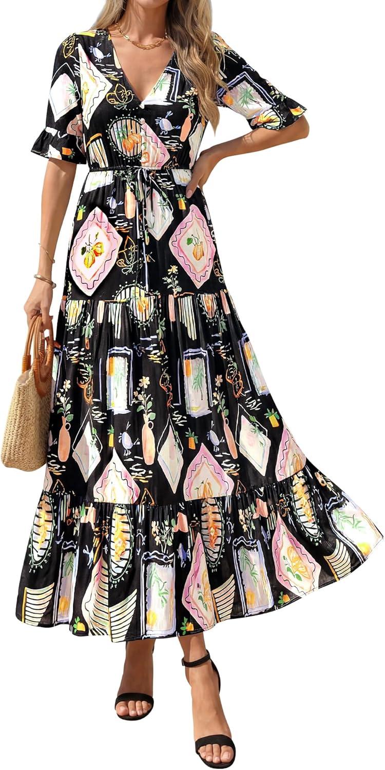 imageBTFBM Womens Summer Dresses 2026 Spring Casual Short Sleeve v Neck Boho Floral Flowy ALine Tiered Maxi Dress PocketsFloral Black Multi