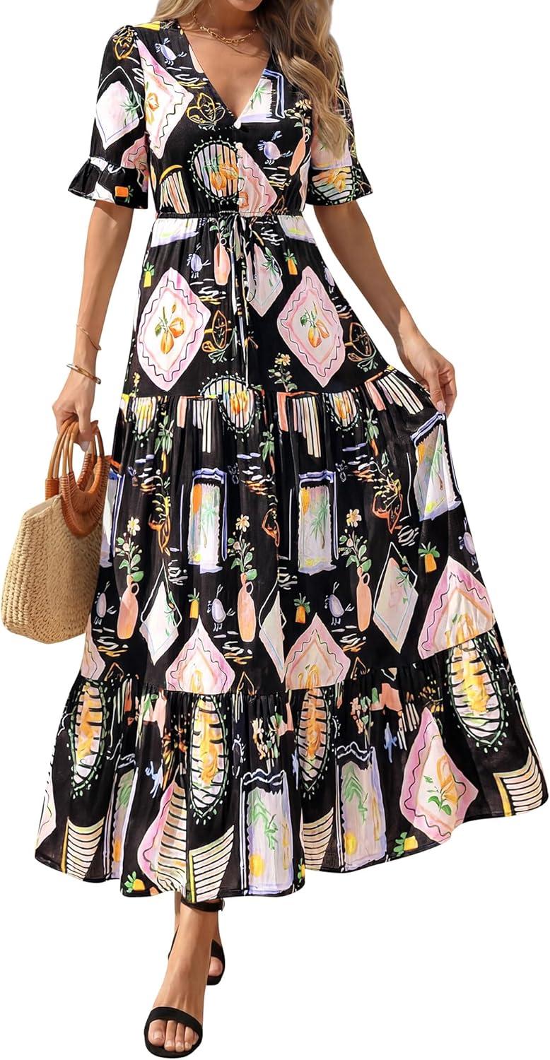 imageBTFBM Womens Summer Dresses 2026 Spring Casual Short Sleeve v Neck Boho Floral Flowy ALine Tiered Maxi Dress PocketsFloral Black Multi