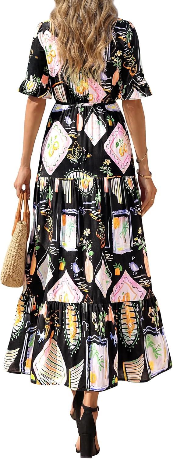 imageBTFBM Womens Summer Dresses 2026 Spring Casual Short Sleeve v Neck Boho Floral Flowy ALine Tiered Maxi Dress PocketsFloral Black Multi