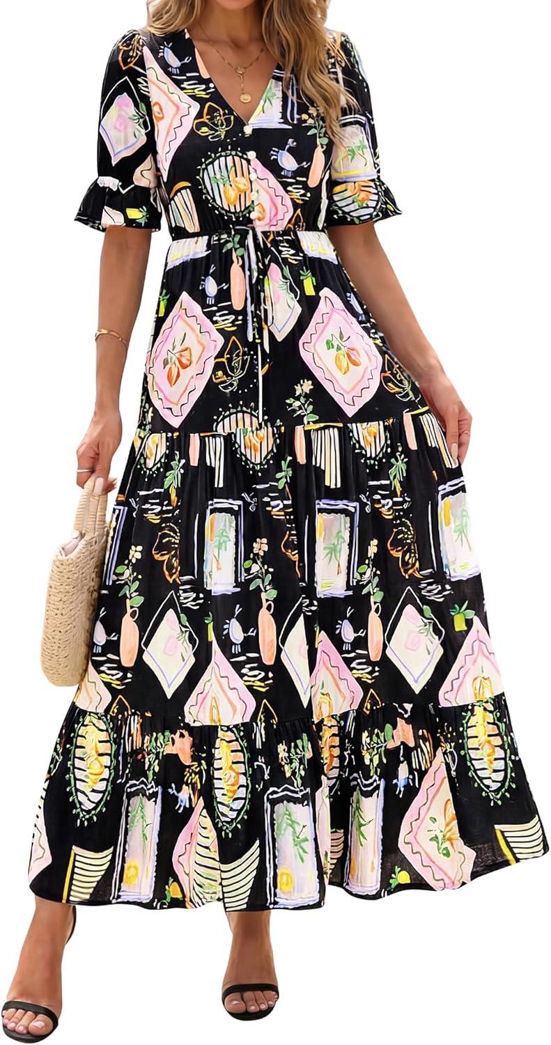 imageBTFBM Womens Summer Dresses 2026 Spring Casual Short Sleeve v Neck Boho Floral Flowy ALine Tiered Maxi Dress PocketsFloral Black Multi