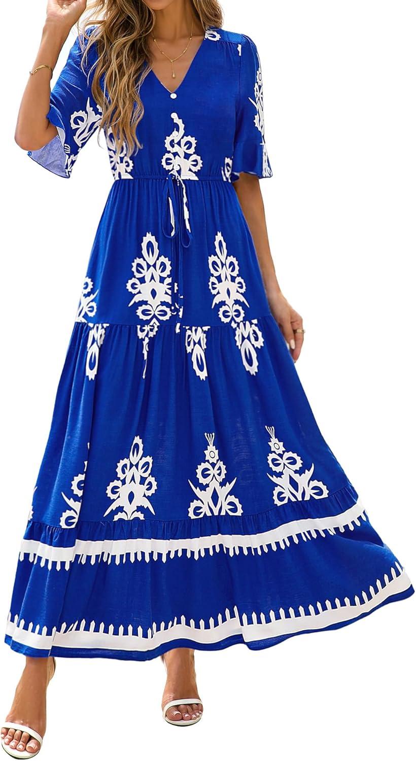 imageBTFBM Womens Summer Dresses 2026 Spring Casual Short Sleeve v Neck Boho Floral Flowy ALine Tiered Maxi Dress PocketsFloral Blue White
