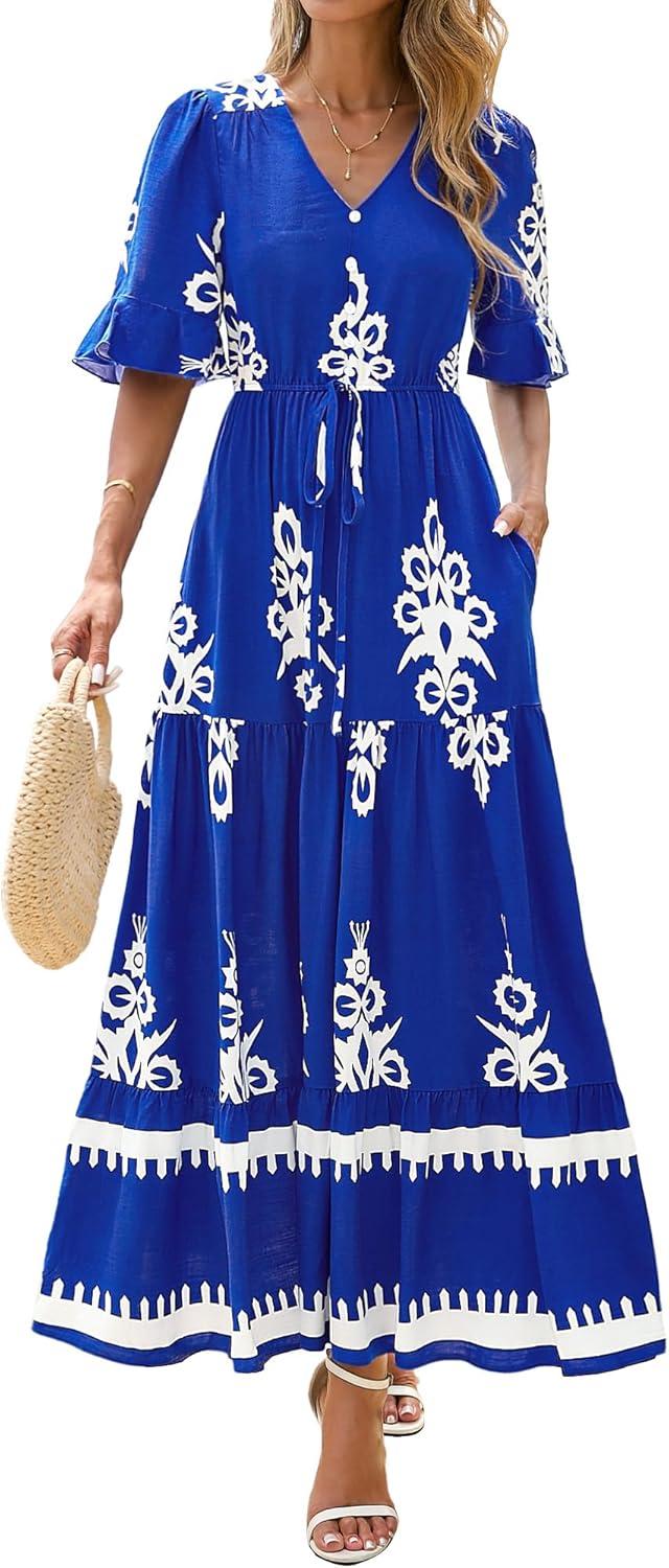 imageBTFBM Womens Summer Dresses 2026 Spring Casual Short Sleeve v Neck Boho Floral Flowy ALine Tiered Maxi Dress PocketsFloral Blue White