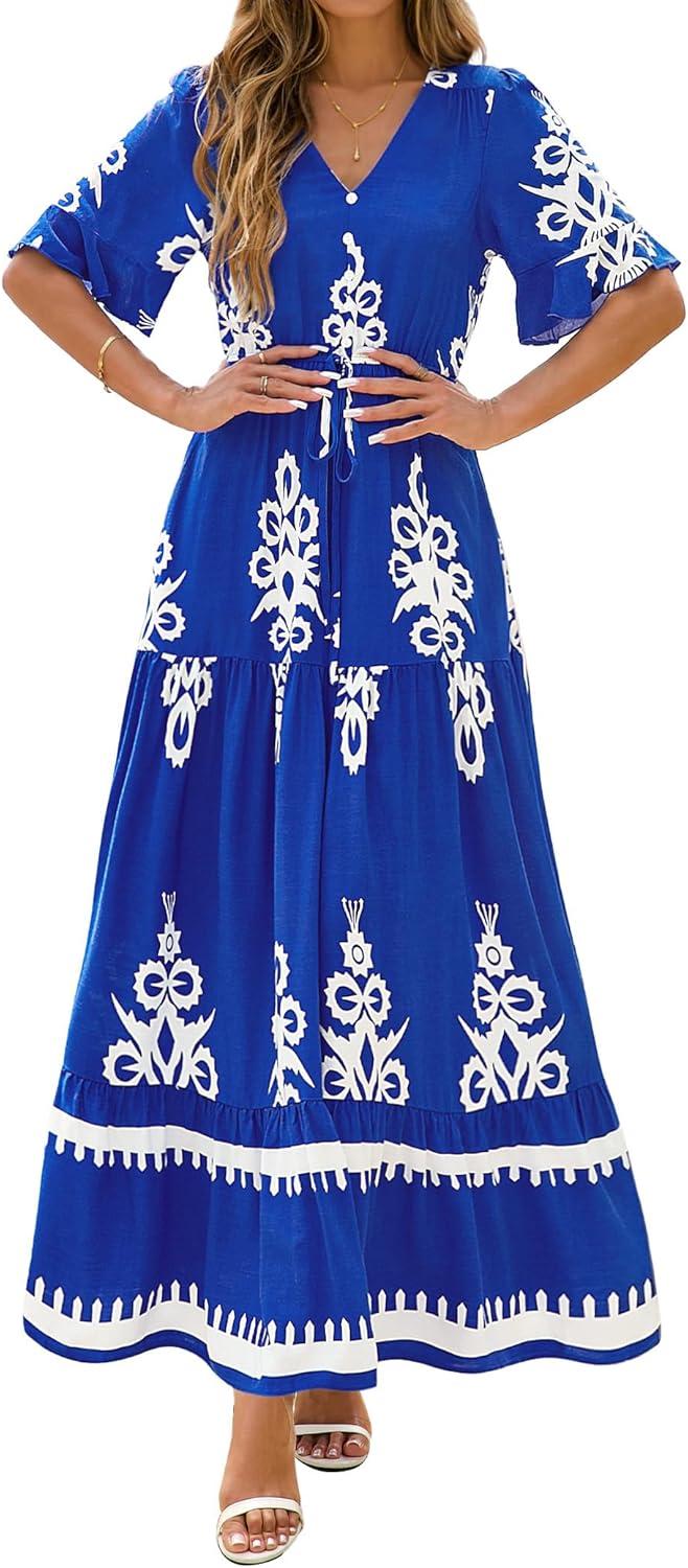 imageBTFBM Womens Summer Dresses 2026 Spring Casual Short Sleeve v Neck Boho Floral Flowy ALine Tiered Maxi Dress PocketsFloral Blue White