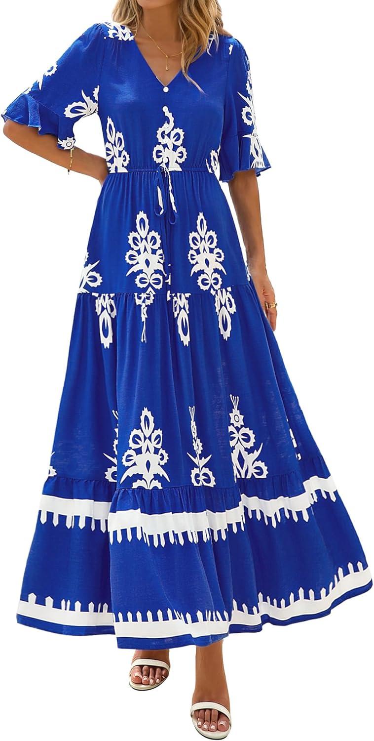 imageBTFBM Womens Summer Dresses 2026 Spring Casual Short Sleeve v Neck Boho Floral Flowy ALine Tiered Maxi Dress PocketsFloral Blue White