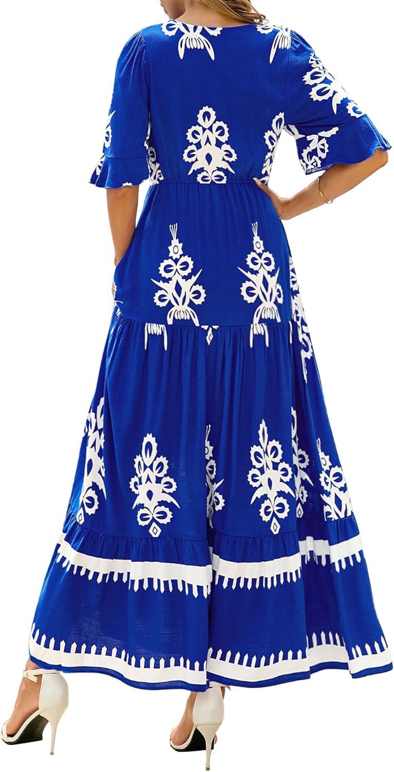 imageBTFBM Womens Summer Dresses 2026 Spring Casual Short Sleeve v Neck Boho Floral Flowy ALine Tiered Maxi Dress PocketsFloral Blue White