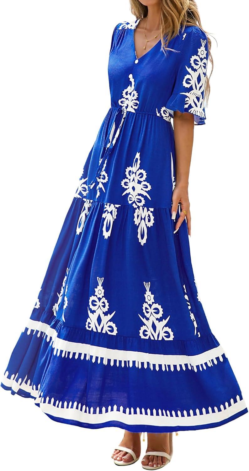 imageBTFBM Womens Summer Dresses 2026 Spring Casual Short Sleeve v Neck Boho Floral Flowy ALine Tiered Maxi Dress PocketsFloral Blue White