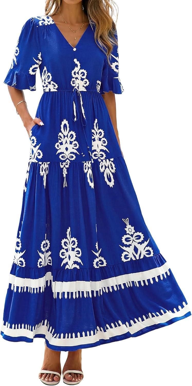 imageBTFBM Womens Summer Dresses 2026 Spring Casual Short Sleeve v Neck Boho Floral Flowy ALine Tiered Maxi Dress PocketsFloral Blue White