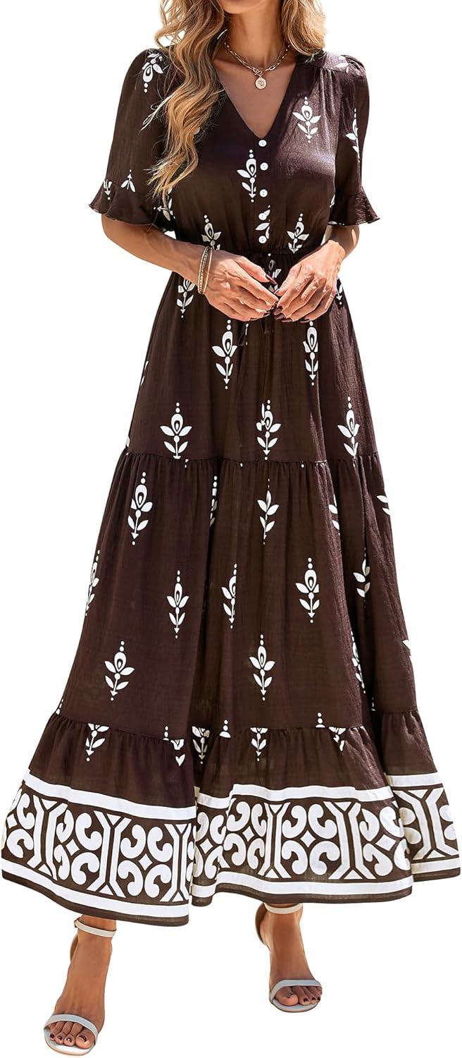 imageBTFBM Womens Summer Dresses 2026 Spring Casual Short Sleeve v Neck Boho Floral Flowy ALine Tiered Maxi Dress PocketsFloral Coffee White
