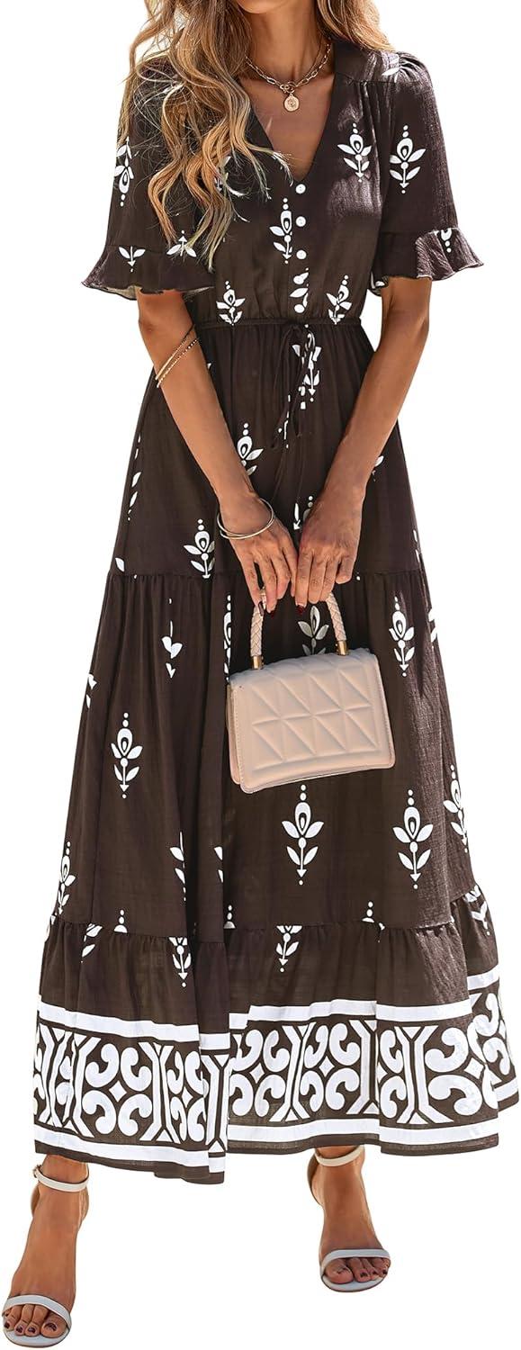 imageBTFBM Womens Summer Dresses 2026 Spring Casual Short Sleeve v Neck Boho Floral Flowy ALine Tiered Maxi Dress PocketsFloral Coffee White
