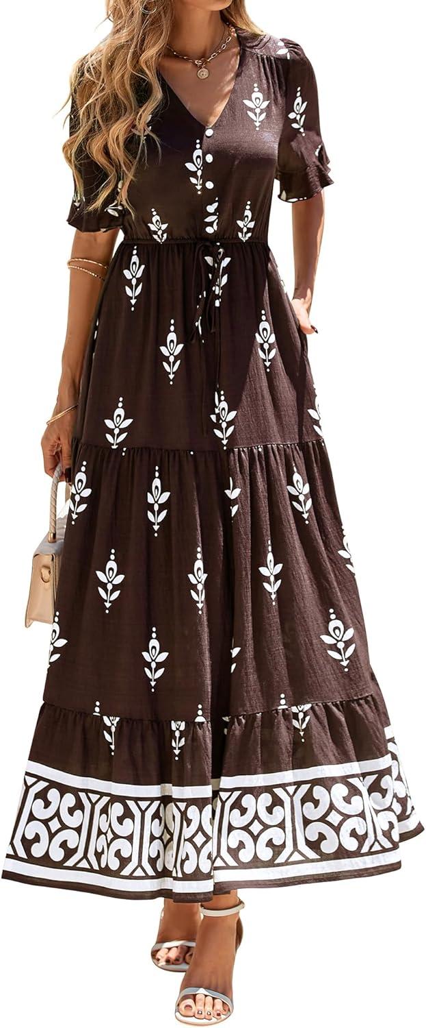 imageBTFBM Womens Summer Dresses 2026 Spring Casual Short Sleeve v Neck Boho Floral Flowy ALine Tiered Maxi Dress PocketsFloral Coffee White