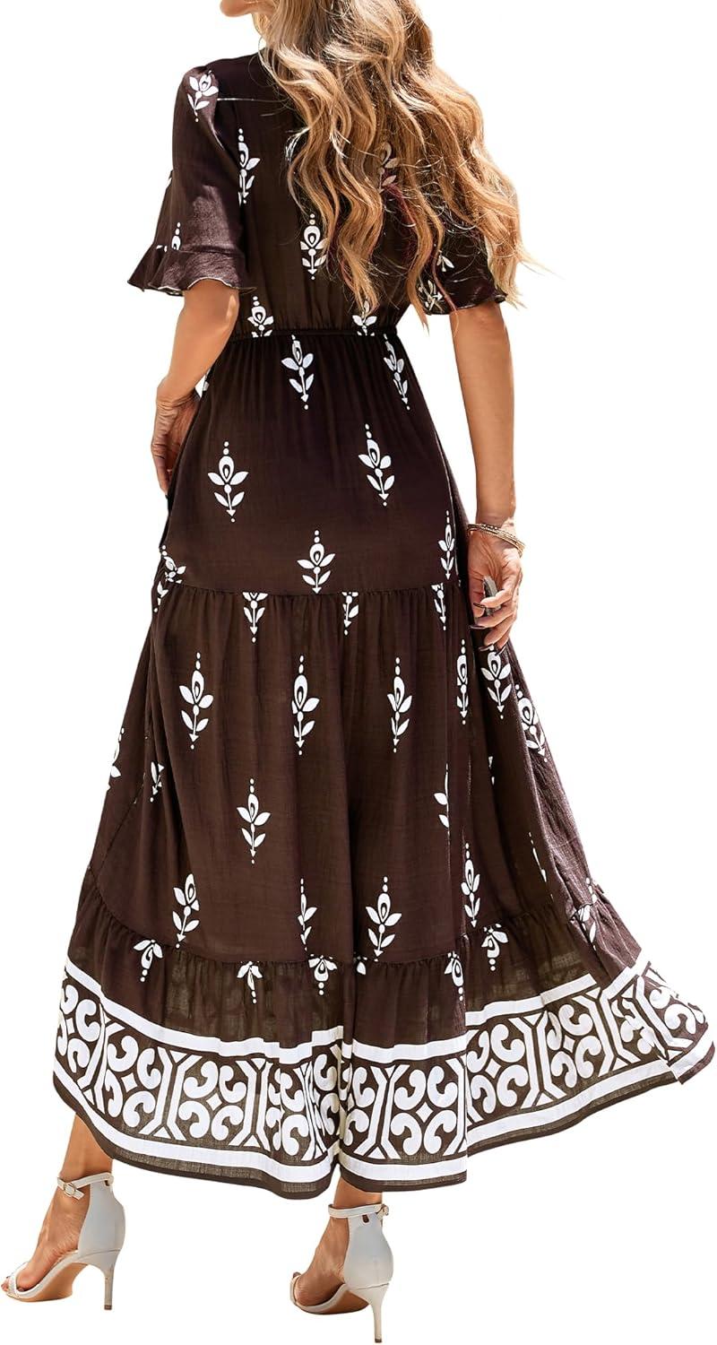 imageBTFBM Womens Summer Dresses 2026 Spring Casual Short Sleeve v Neck Boho Floral Flowy ALine Tiered Maxi Dress PocketsFloral Coffee White