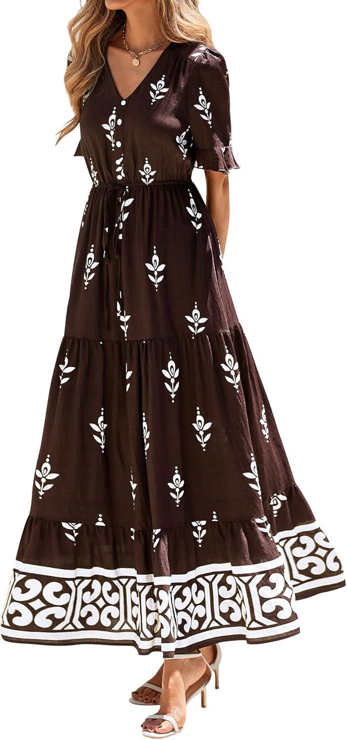 imageBTFBM Womens Summer Dresses 2026 Spring Casual Short Sleeve v Neck Boho Floral Flowy ALine Tiered Maxi Dress PocketsFloral Coffee White