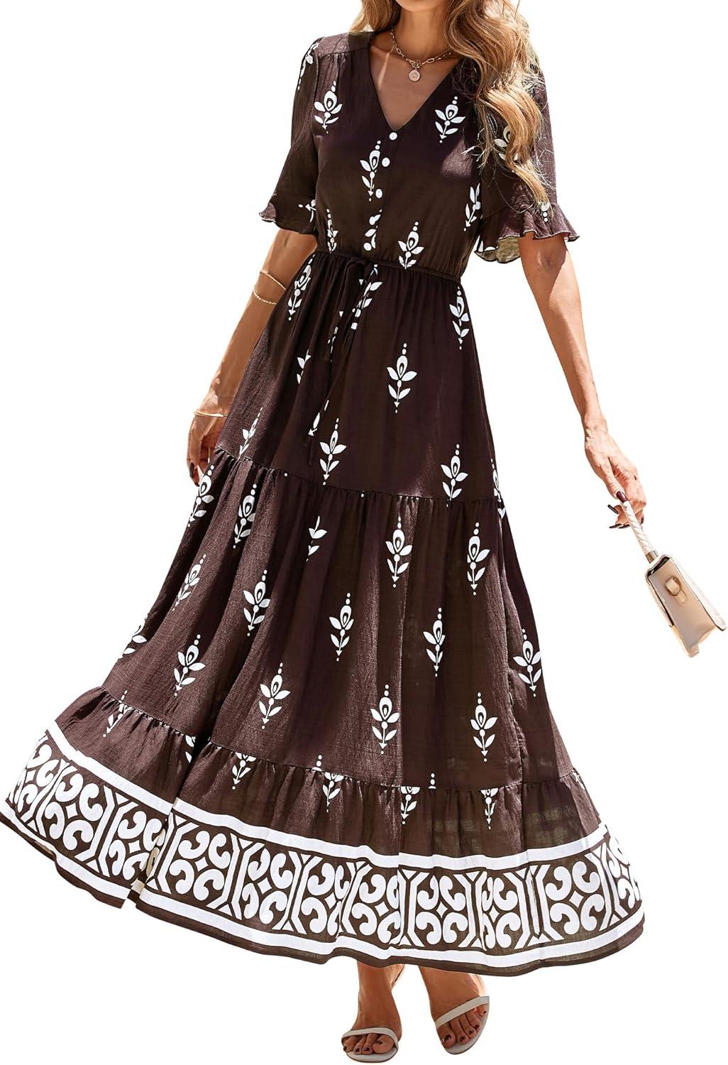 imageBTFBM Womens Summer Dresses 2026 Spring Casual Short Sleeve v Neck Boho Floral Flowy ALine Tiered Maxi Dress PocketsFloral Coffee White