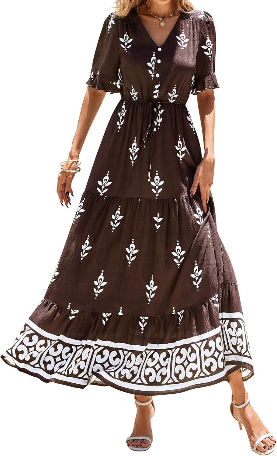 imageBTFBM Womens Summer Dresses 2026 Spring Casual Short Sleeve v Neck Boho Floral Flowy ALine Tiered Maxi Dress PocketsFloral Coffee White