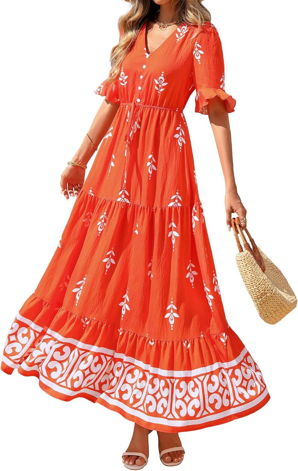 imageBTFBM Womens Summer Dresses 2026 Spring Casual Short Sleeve v Neck Boho Floral Flowy ALine Tiered Maxi Dress PocketsFloral Orange Red Apricot