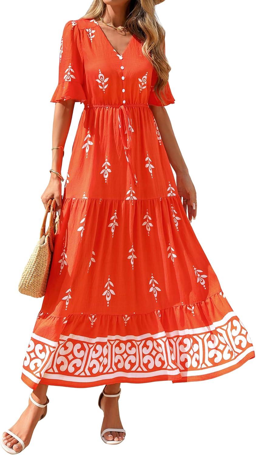 imageBTFBM Womens Summer Dresses 2026 Spring Casual Short Sleeve v Neck Boho Floral Flowy ALine Tiered Maxi Dress PocketsFloral Orange Red Apricot