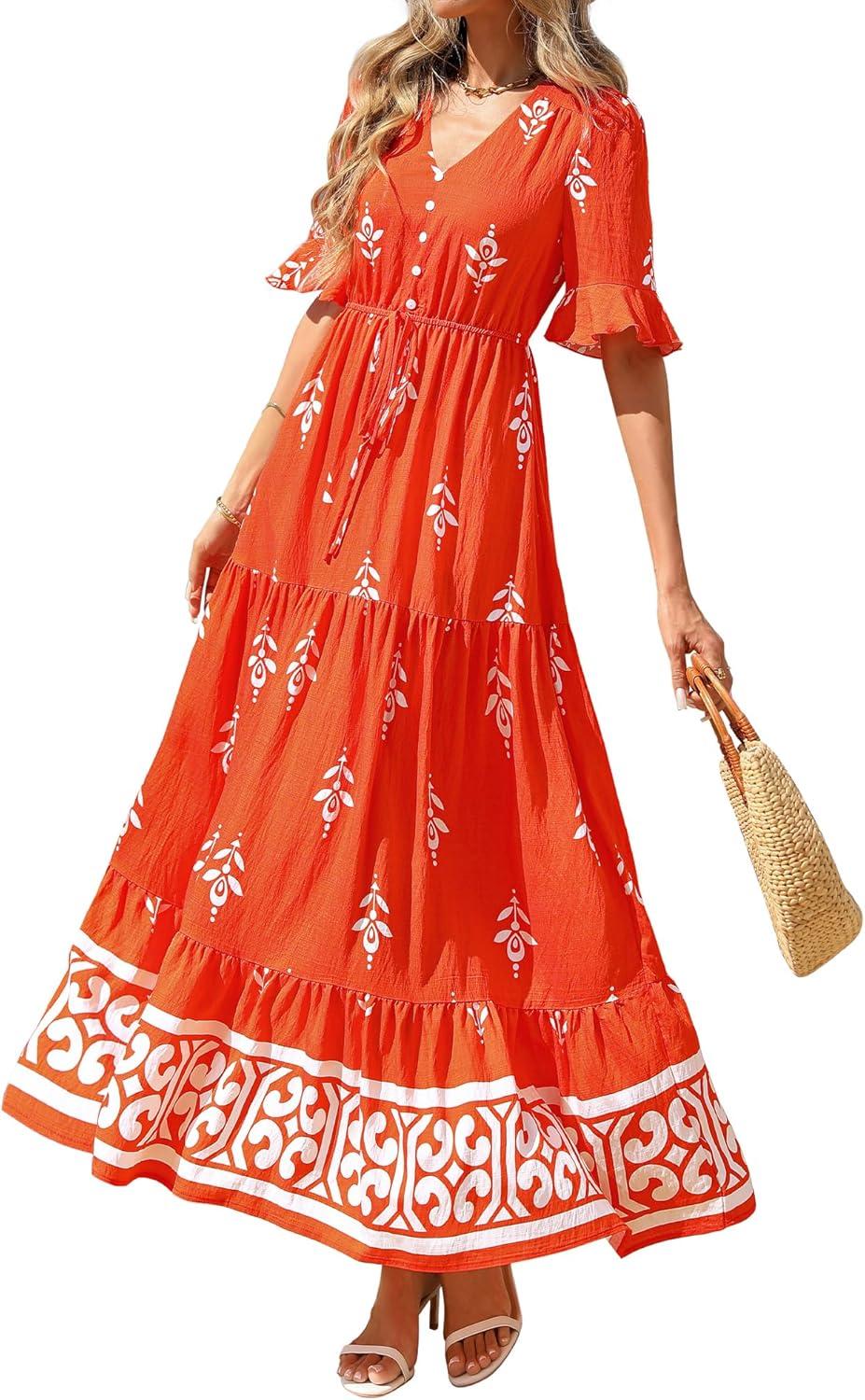 imageBTFBM Womens Summer Dresses 2026 Spring Casual Short Sleeve v Neck Boho Floral Flowy ALine Tiered Maxi Dress PocketsFloral Orange Red Apricot